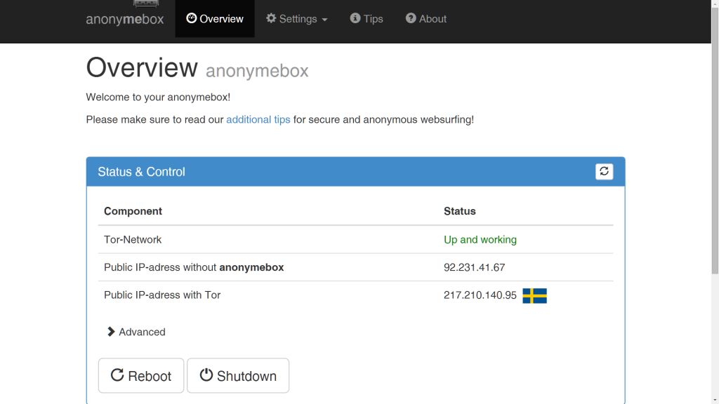 anonymebox anonymisierungslösung anonym surfen Hardware Webinterface