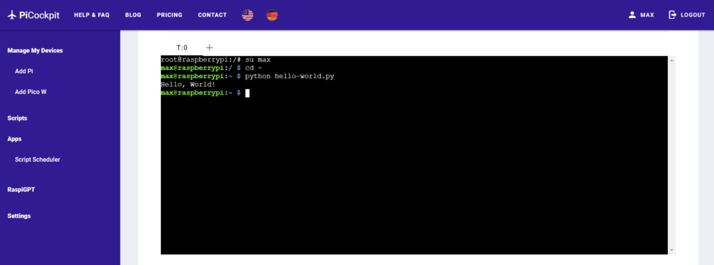 Aplicação PiCockpit Terminal mostrando o hello world gerado pelo RaspiGPT