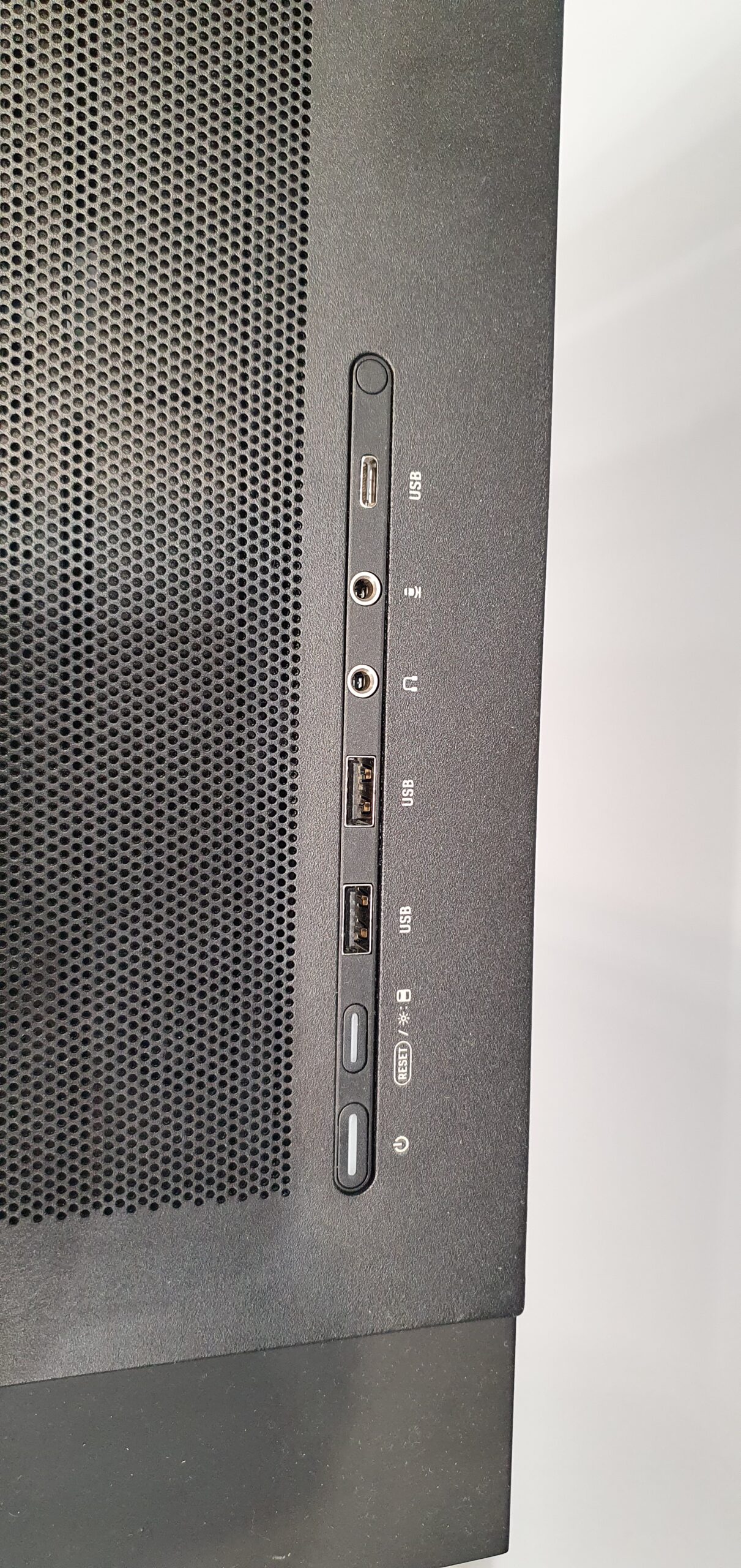 Close-up of front panel I/O ports on a black workstation chassis — Gigabyte W775-V10-L01 NVIDIA DGX Station GB300