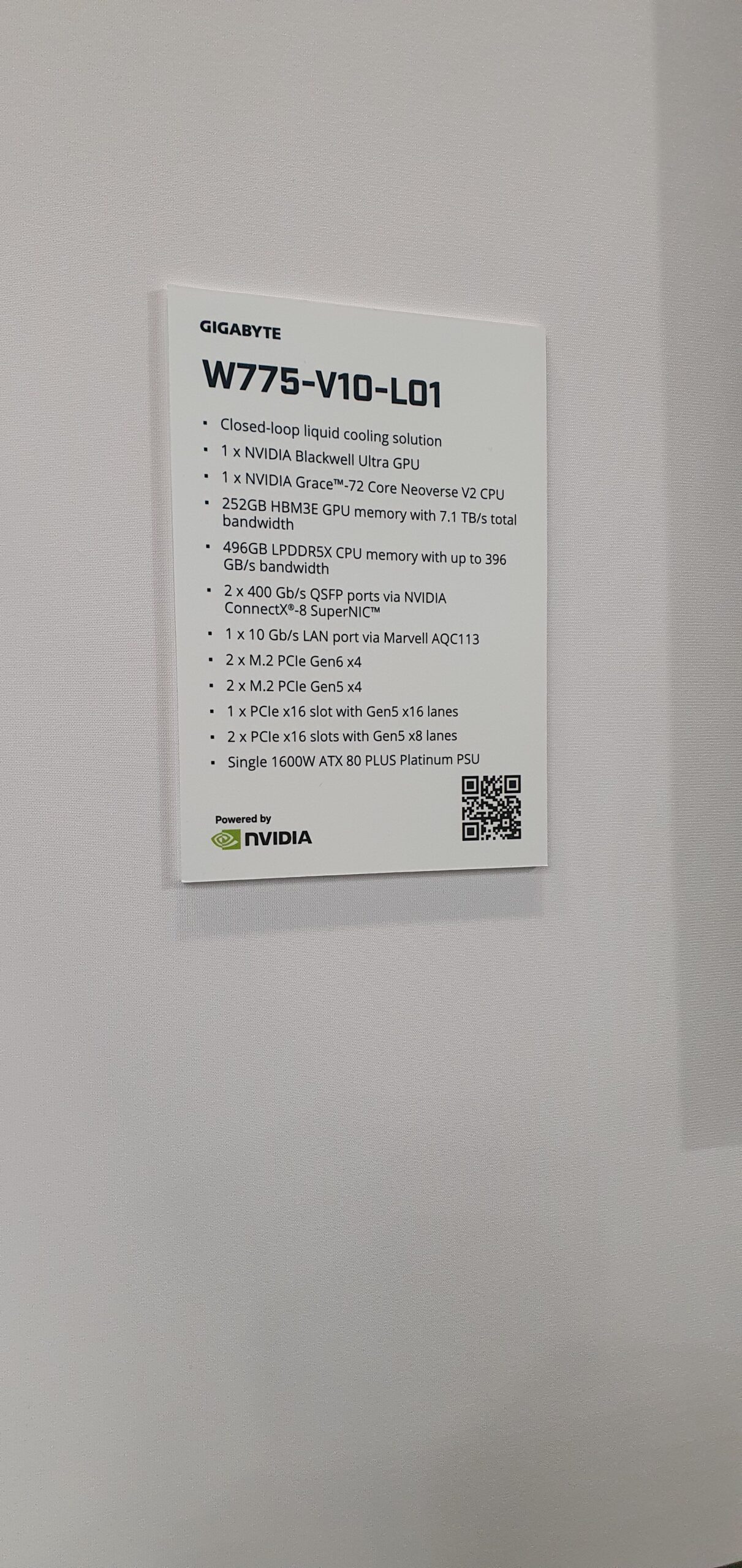Spec placard for Gigabyte workstation listing NVIDIA GPU and Grace CPU details