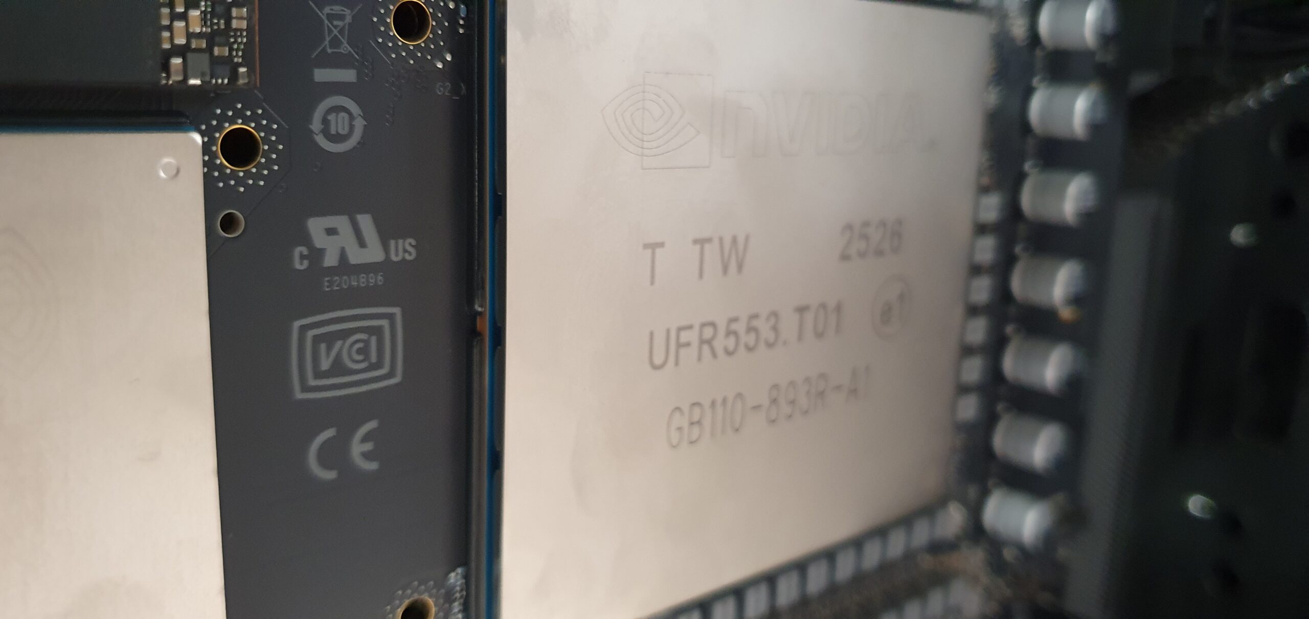 Close-up of an NVIDIA GPU module heatspreader showing model markings — Gigabyte W775-V10-L01 NVIDIA DGX Station GB300