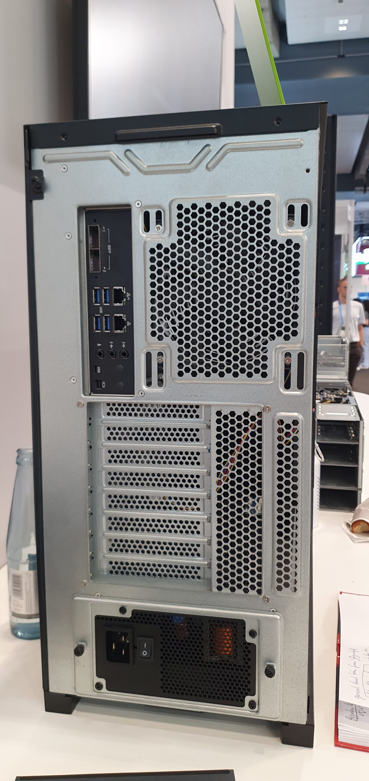 Rear panel of a tower workstation chassis showing I/O ports, expansion slots, and power supply — Gigabyte W775-V10-L01 NVIDIA DGX Station GB300