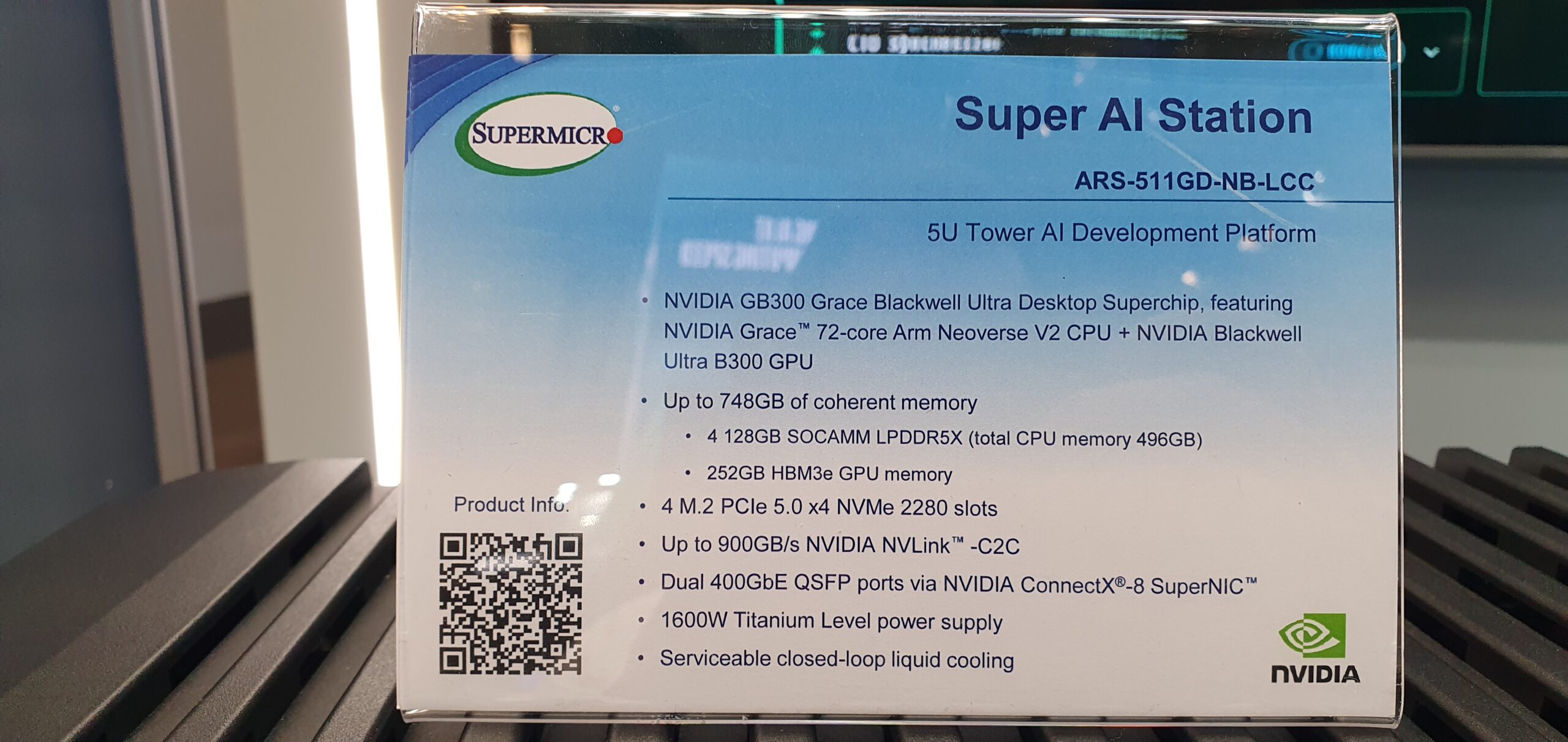 Supermicro Super AI Station ARS-511GD-NB-LCC spec placard at trade show