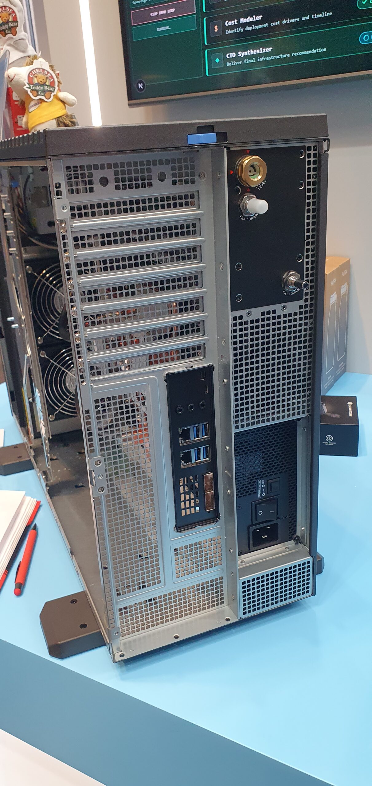 Rear view of a tower workstation showing expansion slots, USB ports and power connector — Supermicro ARS-511GD-NB-LCC NVIDIA DGX Station GB300